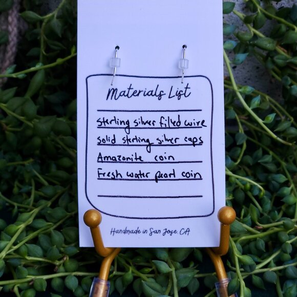 Coin Pearl Cuties - Semi-Precious Amazonite & Coin Pearl Earrings - Picture 4 of 6